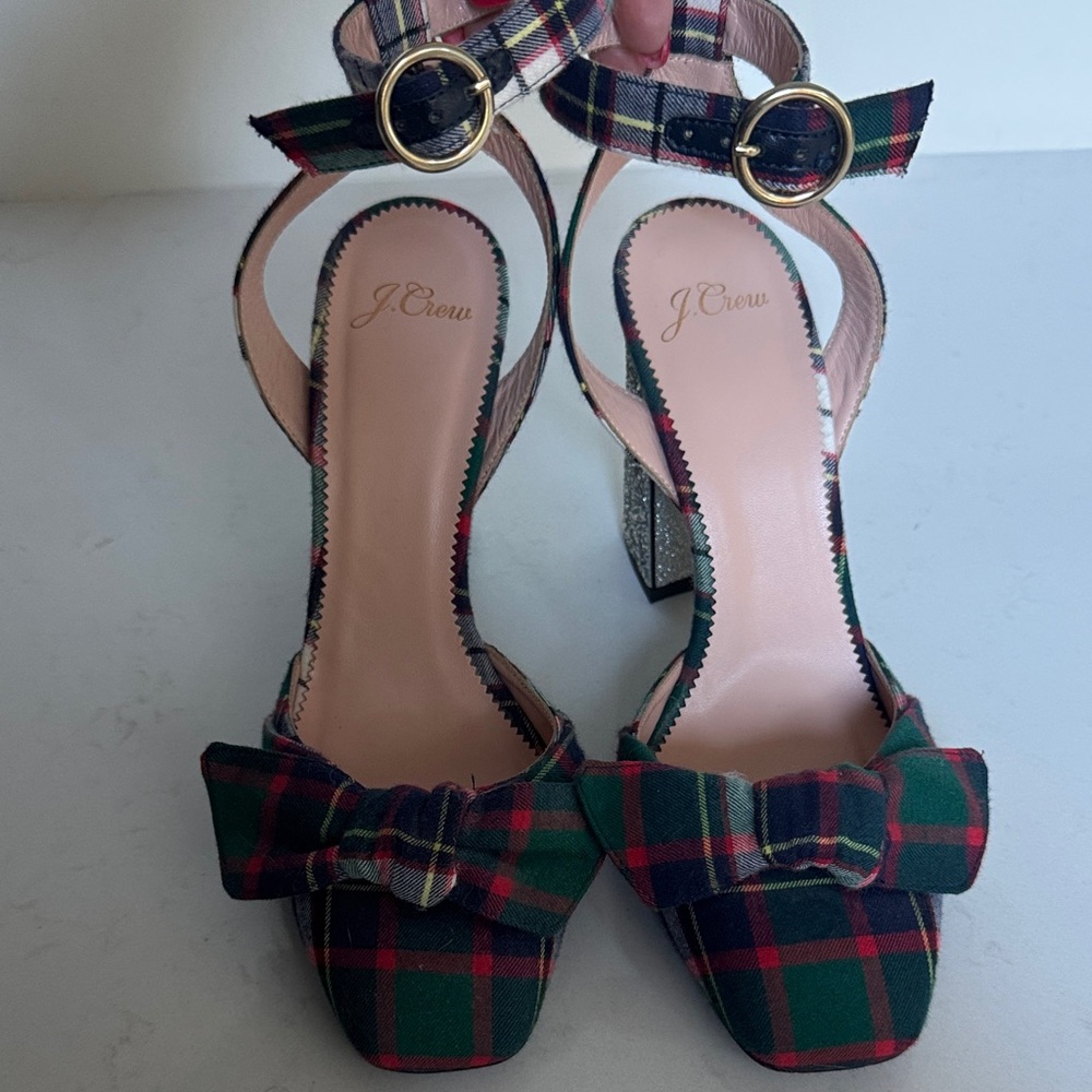 J. Crew Plaid Bow Heels, silver Glitter heel, size 8, 4”heel - Picture 2 of 10